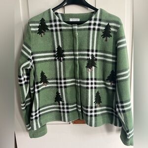 Christopher & Banks Green Plaid Fleece Cardigan with Tree Appliqués